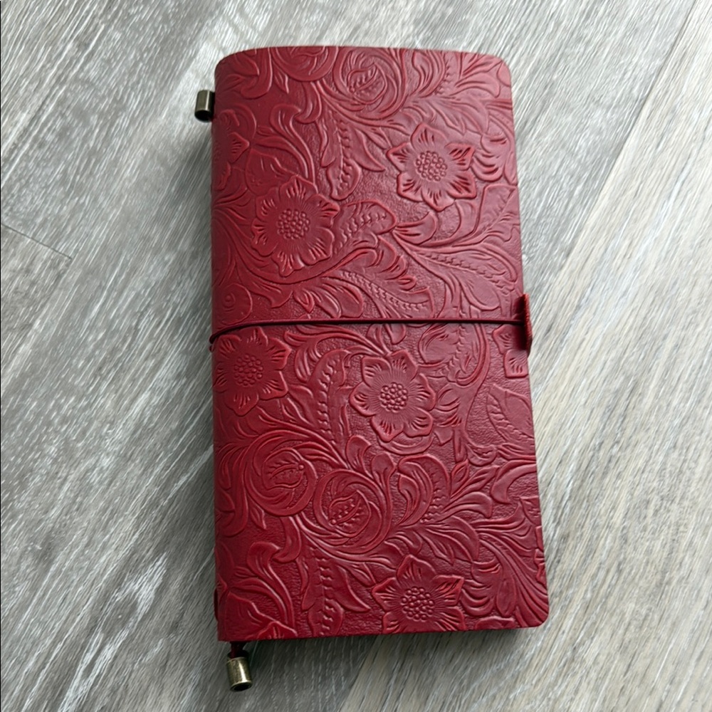 [Brand New] Floral Textured Red Leather Journal Notebook